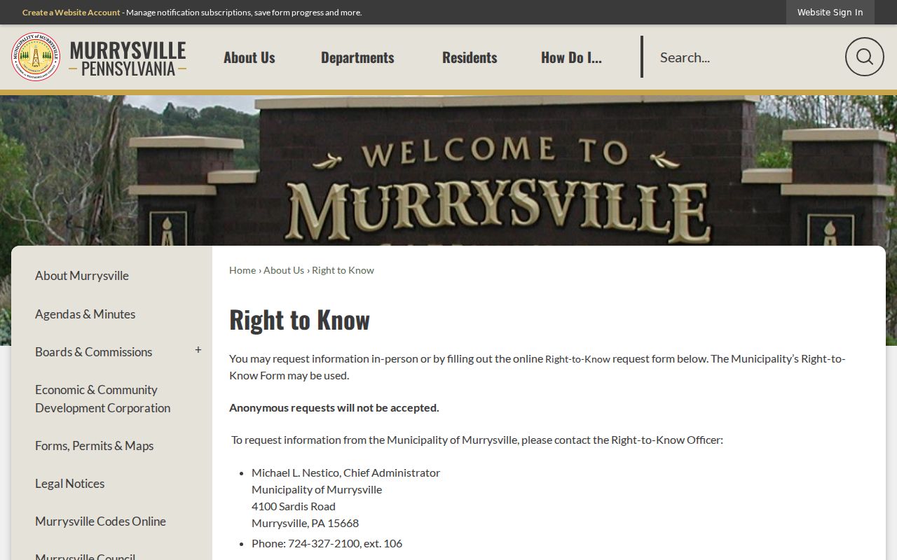 Murrysville criminal history Right-to-Know request channel