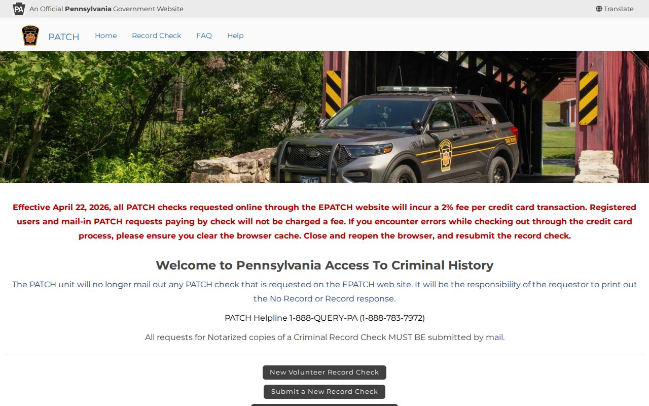 Westmoreland County criminal history PATCH request interface