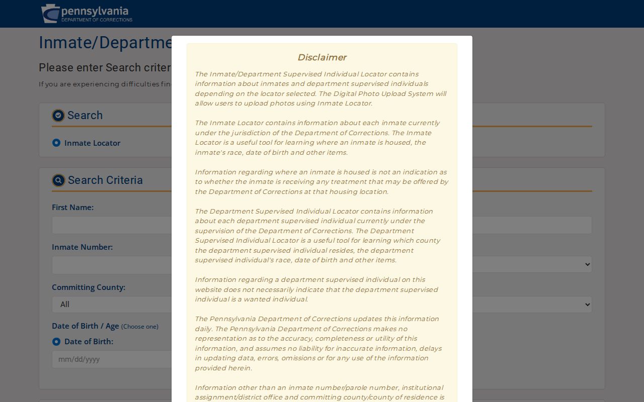 Pennsylvania DOC inmate and supervised individual locator fields