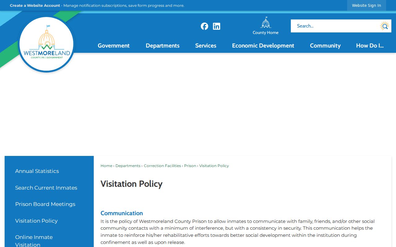 Westmoreland County Prison custody and visitation policy page