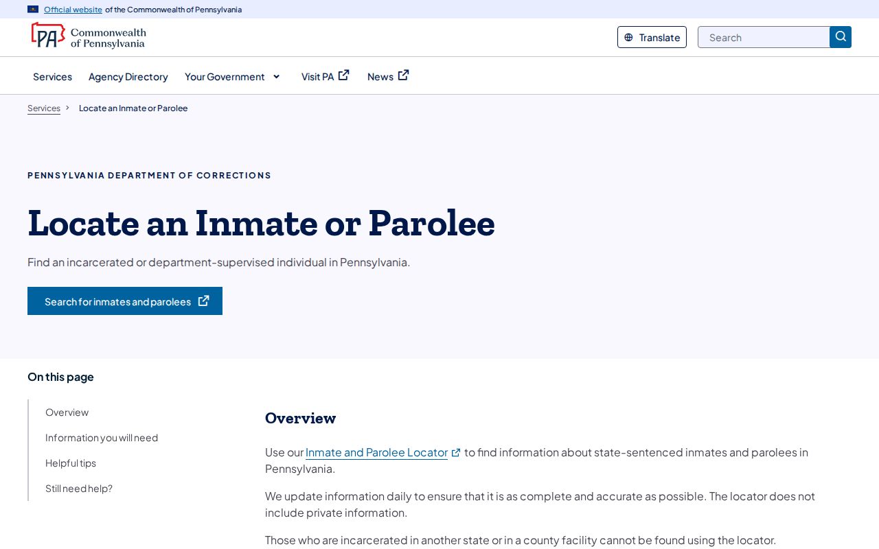 Pennsylvania guidance for locating an inmate or parolee after Westmoreland County custody