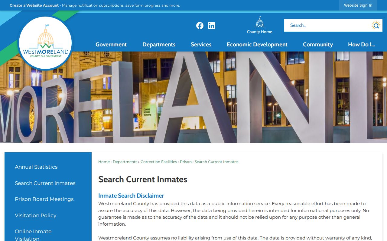 Westmoreland County current inmate search gateway and CHRIA disclaimer