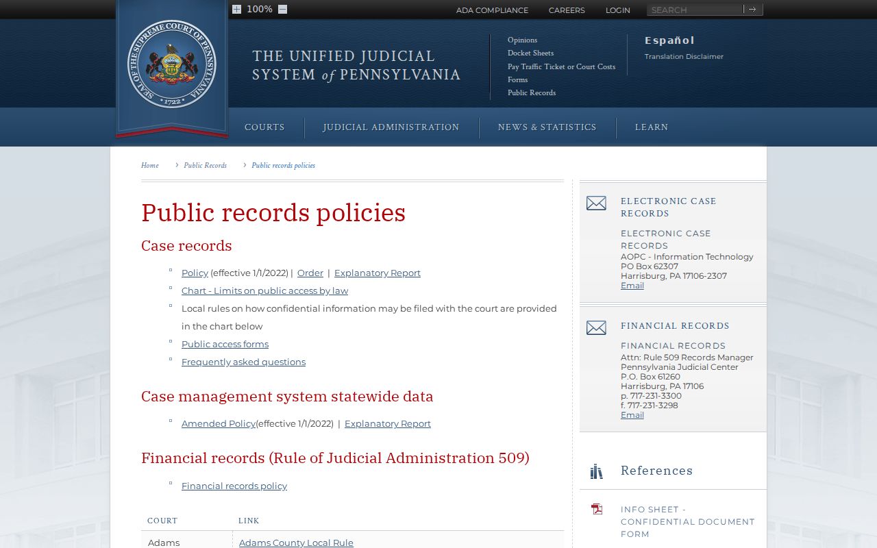 Pennsylvania judicial records access policies applying to Westmoreland County cases