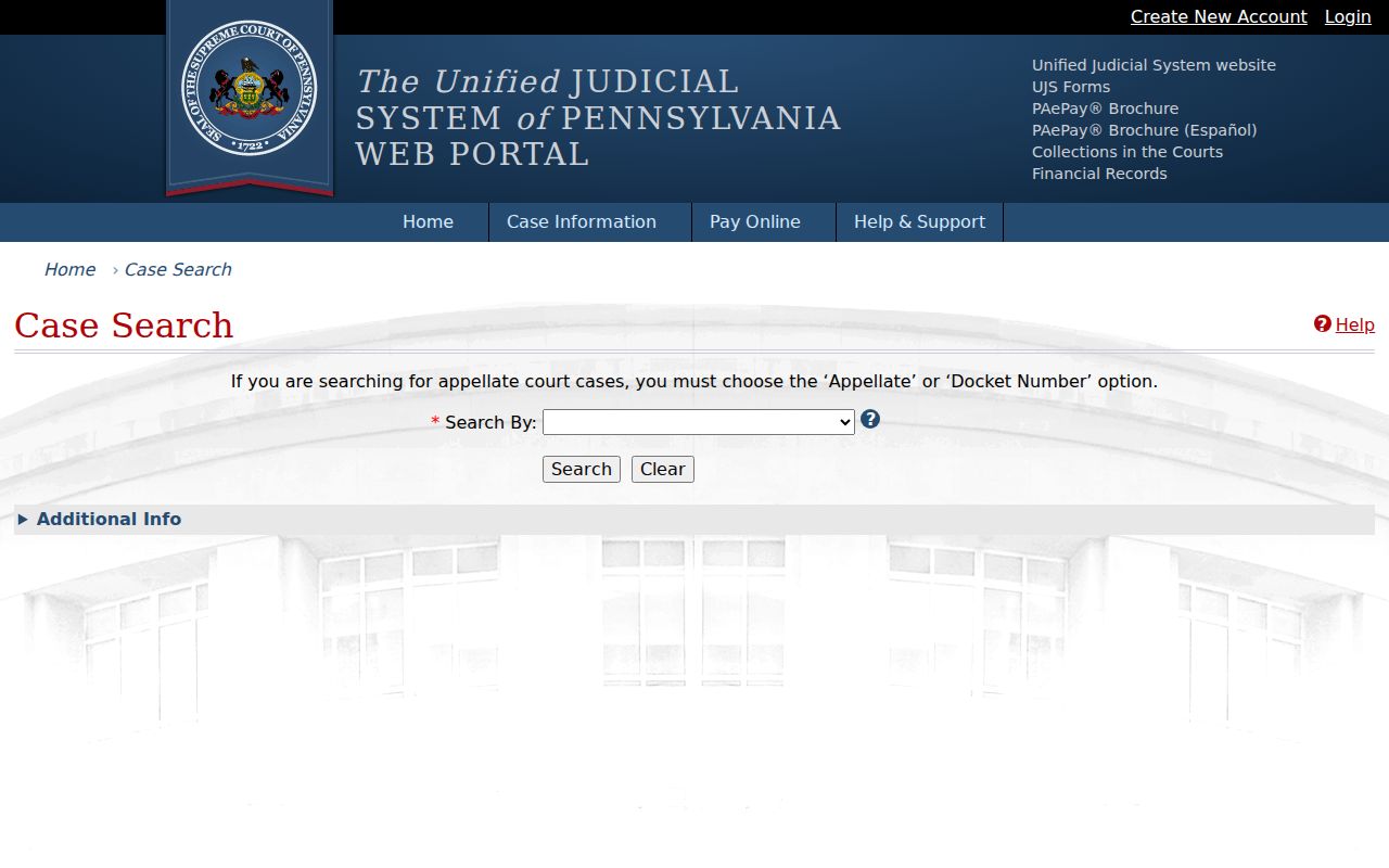 UJS public docket search interface for Westmoreland County criminal court cases