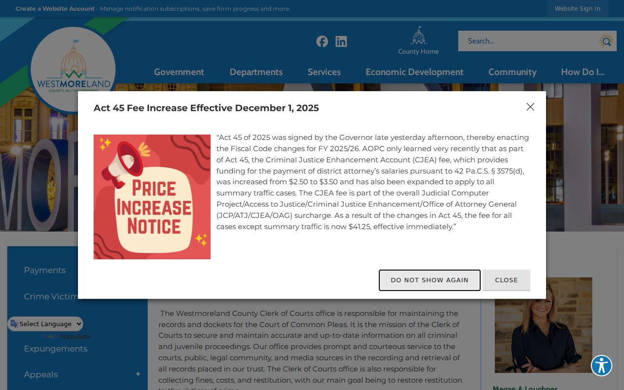 Westmoreland County Clerk of Courts criminal records page