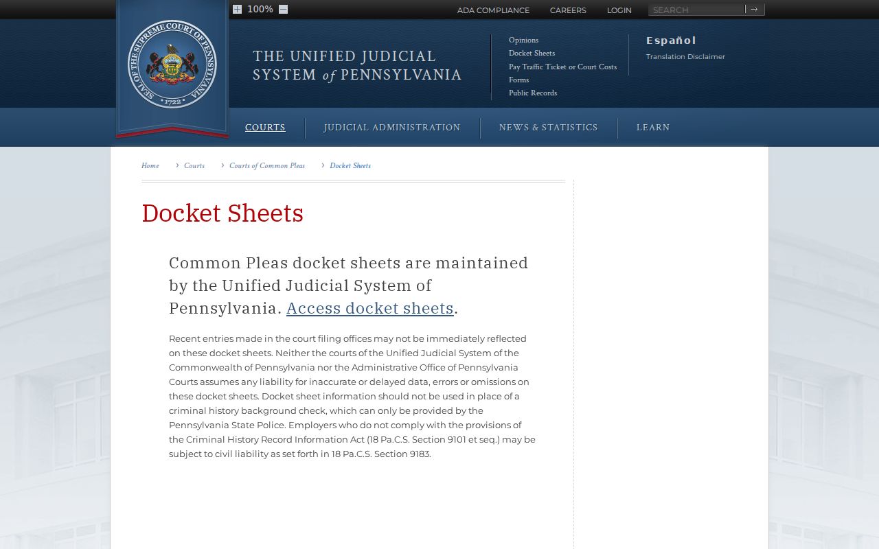 Pennsylvania court guidance for Westmoreland County Common Pleas docket sheets