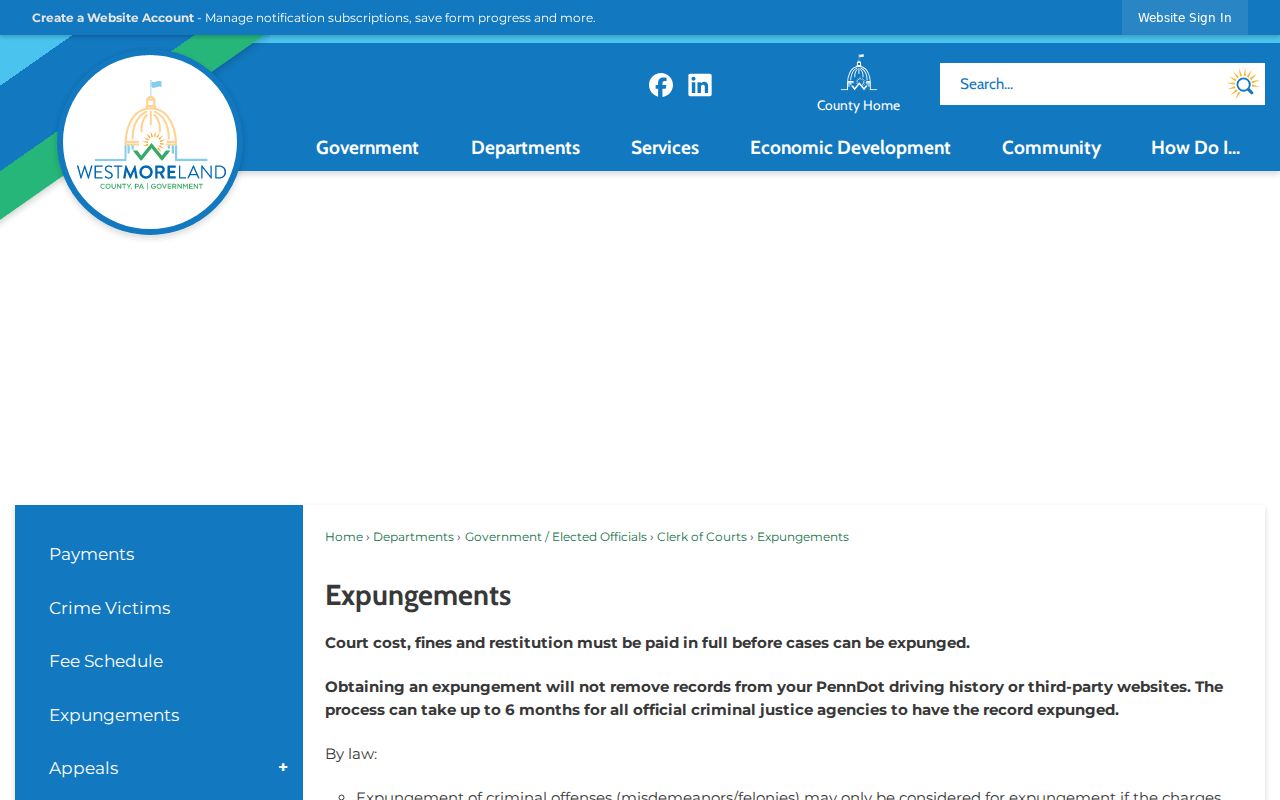 Westmoreland County expungement filing procedure page