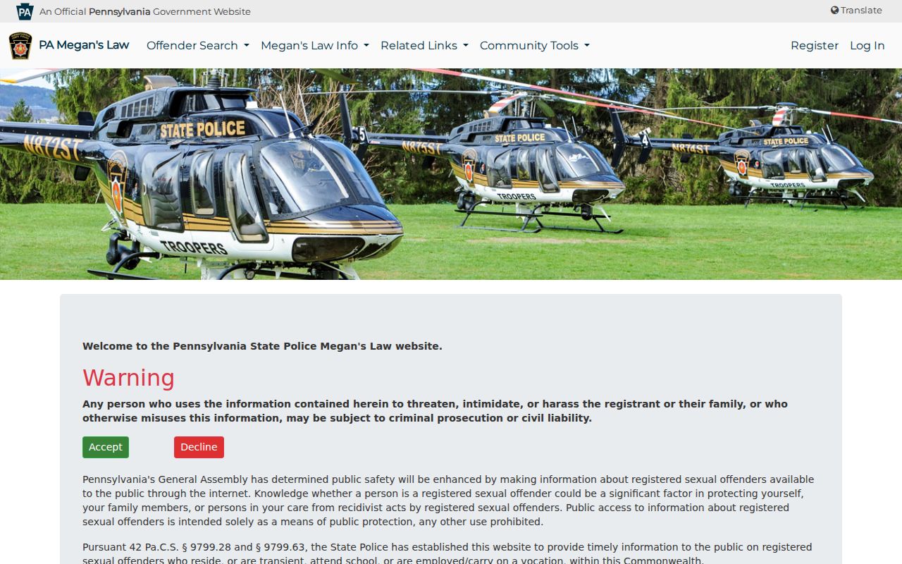 PSP Megan's Law county selector for Westmoreland County registry records