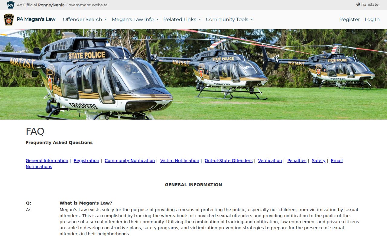 Pennsylvania Megan's Law email alert and lawful-use information